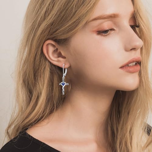 TOUPOP Cross Birthstone Earrings 925 Sterling Silver Heart Cross Dangle Earrings Fine Jewelry Christmas Birthday Gifts for Women Wife Mom Her - color: White Gold-09-September-Sapphire