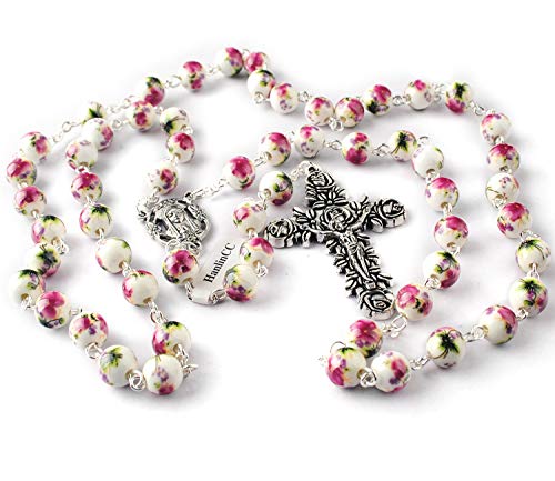 HanlinCC Catholic Rosary Pink Ceramic Flower Beads for Women with Gift Box