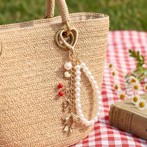 Cute Bag Charms Keychain - Pearl Keyring Wristlet Birthday Gifts - color: Gold Bow