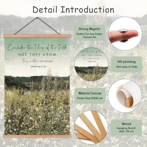 KAIRNE Christian Wall Art,Bible Prints With Wood Magnetic Hanger Framed,Bible Landscape Pictures,Vintage Wildflower Paintings,Religious Scripture Poster For Bedroom Living Room Kitchen Decoration - color: bible wall decor, size: 13.8"L x 22"W