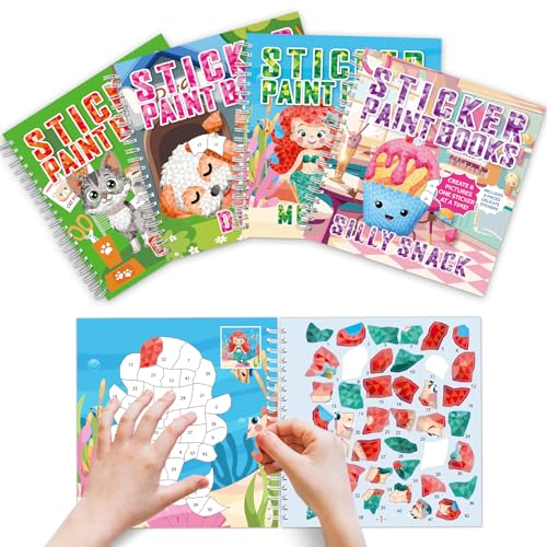 4Pcs Paint by Sticker Books Sticker by Number Books Activity Puzzle Book Craft Art Gift with Mermaid Cat Dog Silly Snack 32 Pictures Sticker by Number Book Set Party Favors - style: Cute Cartoon