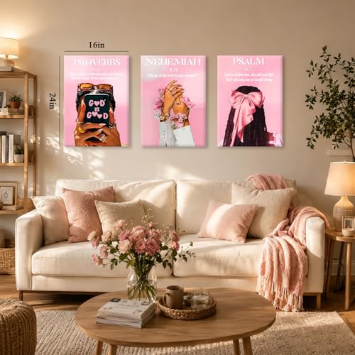 CXQILVER Pink Christian Canvas Wall Art Set of 3, Inspirational Scripture Wall Decor Trendy Black Girl Bible Verse Poster Pink Bow Floral Prayer Artwork for Girls Bedroom Living Room 16x24in Framed - color: Pink Black Girl, size: 24"L x 16"W