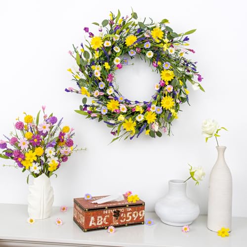 LLZLL Spring Decorations for Home 22" Spring Wreath Artificial Summer Wreaths with Eucalyptus Leaf Lavender and Daisy for Easter Indoor Outdoor Home Festival Celebrations - color: Multicolor-1