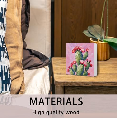 Pink Western Cactus Wooden Box Sign, Western Home Decor, Southwestern Country Blooming Cactus Wood Signs for Home Bedroom Office Desk Table Shelf Decoration, 5x5 Inch - color: Pink Western Cactus