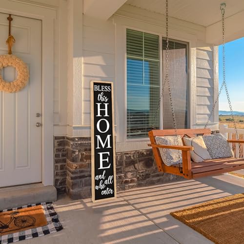 Welcome Sign for Front Door, Wood Black, 45"X9" - color: Bless this Home And All Who Enter(Wood Black)