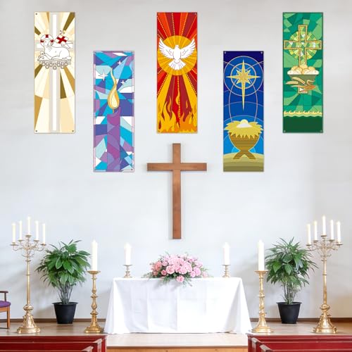 5 PCS Religious Church Banners Church Banners for Sanctuary Wall Welcome Religious Praise Hanging Sign Decorations for Holiday Churches Sunday School Decor Supplies 2 x 6 ft