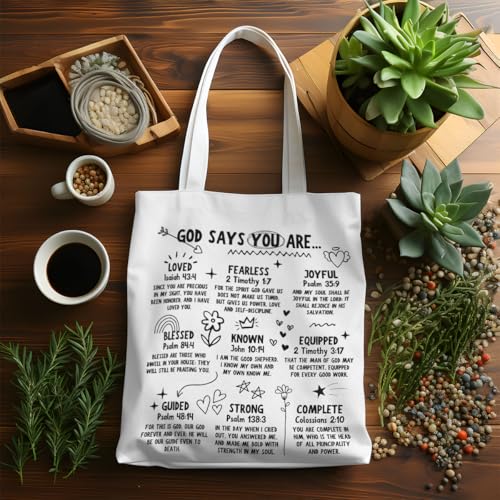 VICBOU Bible Verse Canvas Tote Bag Religious Christian Gifts for Women Men Faith Canvas Tote Reusable Grocery Bag - color: Godsaysblessed