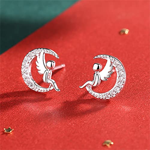 Silver Angel Wing Earrings for Women, Cute Moon Studs