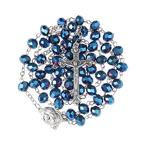 Rosary Beads for Women With Box, Blue Crystal Catholic Necklace, Last Supper Vintage Jewelry Box, Anglican Prayer Beads Christian Gifts - color: Blue Crystal + Rosary Punch