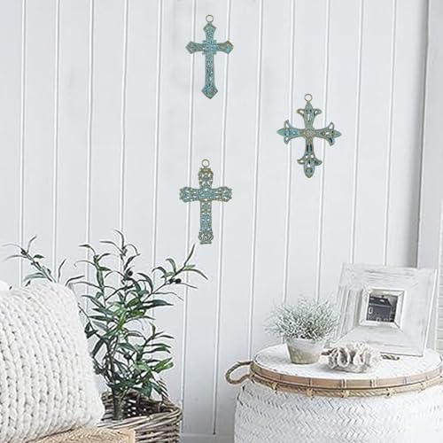 3 Pcs Cast Iron Crosses Wall Decor, Metal Decorative Cross Wall Hanging - size: 5.1" x 6.5"