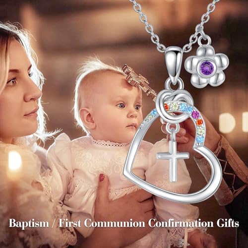 AOBOCO Cross Necklace Birthstone Jewelry Baptism First Communion Confirmation Gifts Necklace for women - color: 02-amethyst-Feb