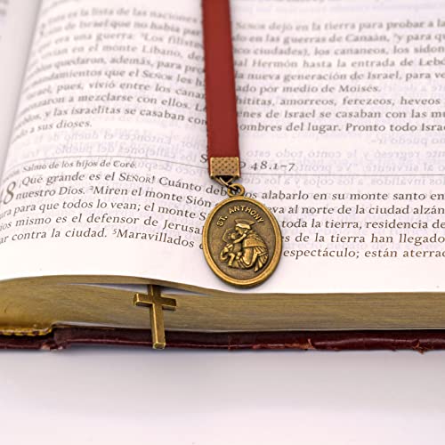 BLBMH Genuine Leather Bible Bookmark with Cross | Catholic Gifts for Men Dad | Christian Book Marker with Ribbon - Saint Anthony - LB3 - color: Alb3