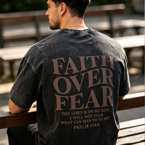 Faith Over Fear Christian Shirt for Men Women Jesus Religious Oversized Graphic Tees Acid Wash Inspirational T‑Shirt - color: Aqua Green, size: Large