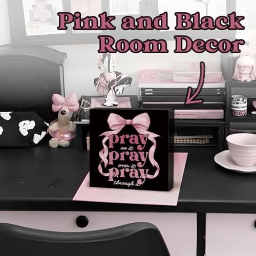 Pink and Black Bathroom Decor, Christian Desk Decor - color: Black-Pray on Over-5x5