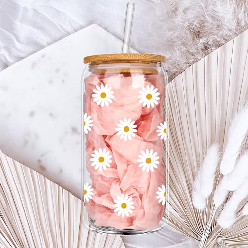 Cute Glass Cups with Lids and Straws, Daisy Flower Iced Coffee Smoothie Matcha Cup Tumbler Christmas Birthday Gifts for Women Sister Friend Her Preppy Teenage Girls Teen Girl Gifts Trendy Stuff Things