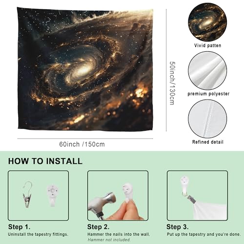 Golden Galaxy Black Hole Tapestry, Cosmic Nebula Bedroom Wall Decor 60x50 - color: Black/Gold