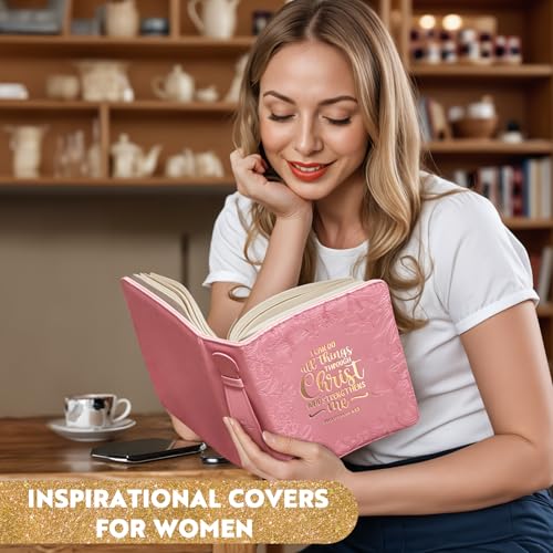 Bible Covers for Women Leather Bible Cover Case for Women with Floral Design & Gold Debossed Scripture and Pockets, Bible Carrying Case for Women, Girls, Gifts