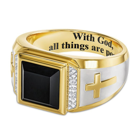 Hsitgexf Men's Stainless Steel Vintage Black Cubic Zirconia Square Multicolor Stone Signet Ring, Gold Silver Cross Rings Pray Christian Religious Rings Jewelry Gift(9) - size: US Size 9