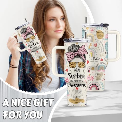 Sister 40oz Tumbler, with Handle Straw, Stainless Steel Coffee Cup - color: Sister