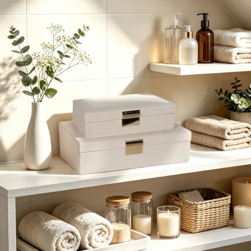 Decorative Storage Box Set of 2, PU Leather Organizer for Home Decor Beige - color: Beige