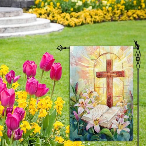 He is Risen Cross Garden Flag Stained Glass Style Spring Easter Garden Flag Lily Bible Vertical Double Sided Rustic Farmland Burlap Yard Lawn Outdoor Decor 12.5x18" - color: He is Risen Cross #WQ319