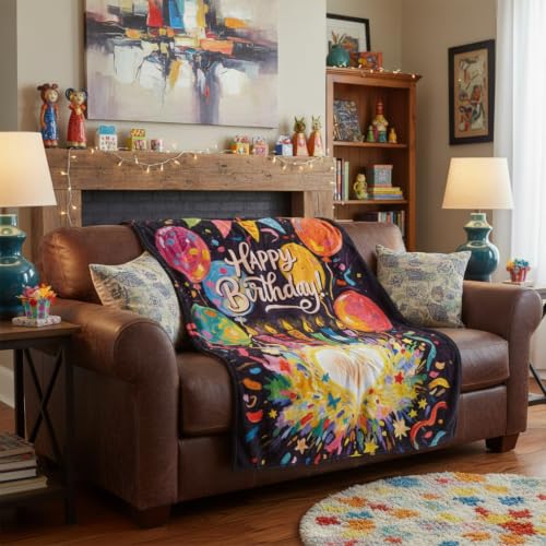 Happy Birthday Throw Blanket 50x60 Inch Colorful Balloons Candles Heart Vibrant Soft Cozy Birthday Gift for Women Kids - color: Happy Birthday 10