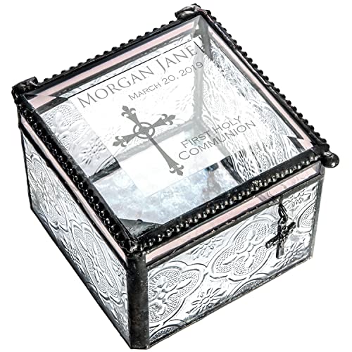 First Communion Gift Personalized Keepsake Custom Engraved Vintage Stained Glass Jewelry Trinket Rosary Case J Devlin Box 631 EB220