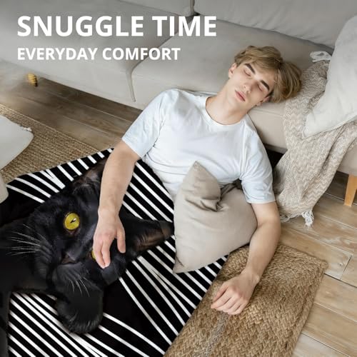 Funny Black Cat Blanket, Funny Cats Black and White Striped Throw Blankets for Home Bedroom Living Room Couch Bed Decor, Black Cat Mom Lovers Gifts for Women, 50x60 Inch - color: 04-funny Black Cat(blanket-02)