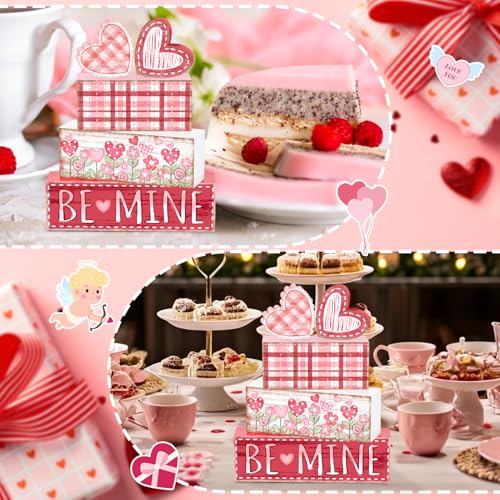Britimes Tiered Tray Decor Set, 4 Pack, Wooden Table Sign, Valentine Flower - color: Valentine’s Day Pink Hearts