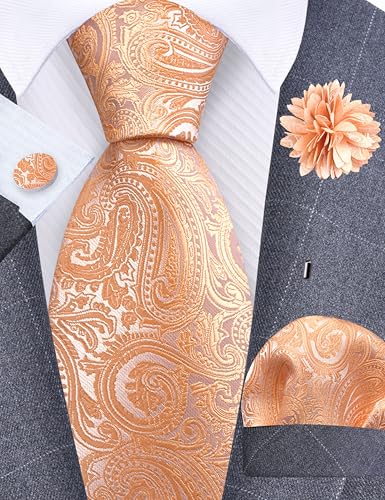 GUSLESON 3.15"(8cm) Mens Tie and Lapel Pin Paisley Necktie Hankerchief Cufflinks Set for Men - color: Light Orange