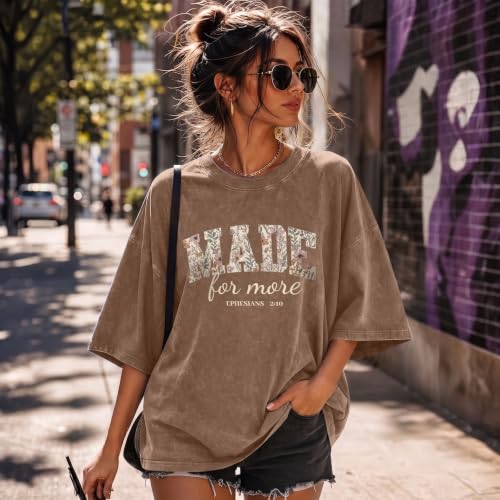 Christian Made for More Shirts for Women Jesus Bible Verse Graphic Tees Religious Shirt Oversized Acid Wash Tshirts - color: Coffee, size: Medium