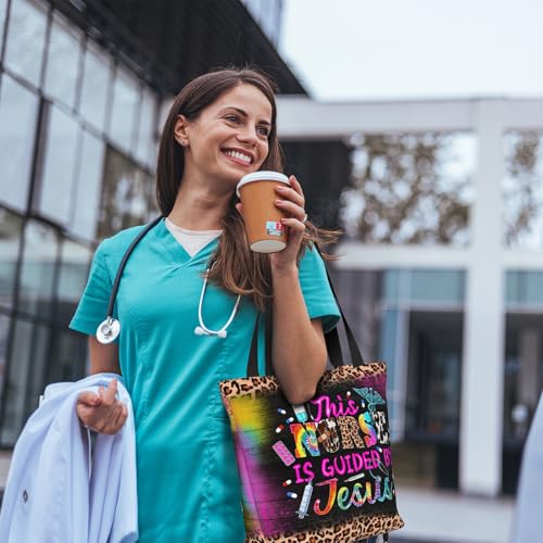 Bible Tote Bags for Women Christian Tote Bag Church Shoulder Bag Inspirational Bags With Zipper Christian Gift - color: This Nurse is Guided By Jesus