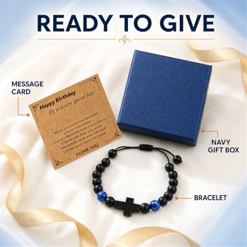 Boys Cross Bracelet, Adjustable Tiger Eye Bead Bracelet - color: B-Birthday