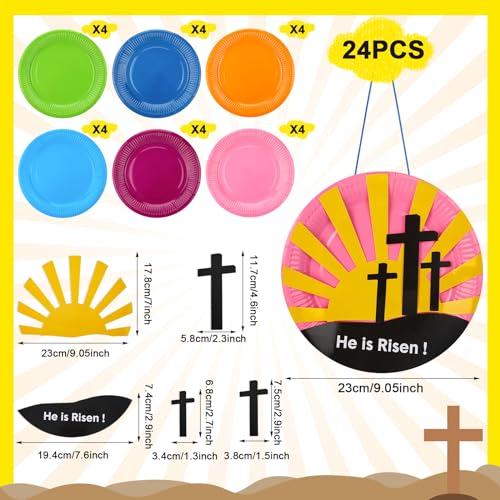 Lunmon 24 Sets Easter Crafts for Kids Bulk Resurrection Paper Plates Crafts Kit with He is Risen Colorful Paper DIY Easter Plates for Family Sunday School Classroom Activity - color: Cross