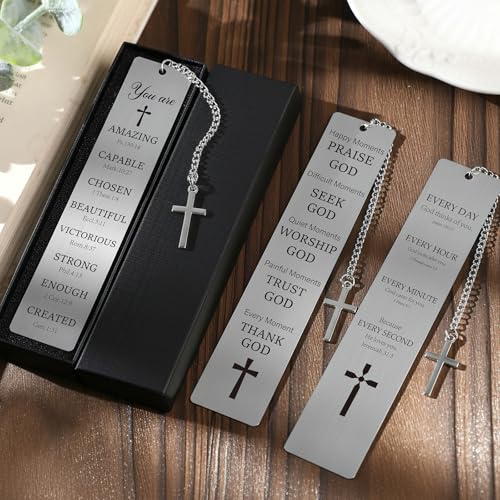 Christian Metal Bookmarks Gifts - 3 Pcs Bible Verse Inspirational Book Marks Religious Scripture Cross Page Markers for Reading Women Lovers Kids Bookish Student Teacher School Accessories