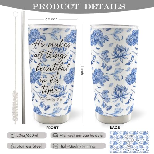 Blue Floral Christian Bible Verse 20oz Travel Coffee Mug Tumbler - color: makes