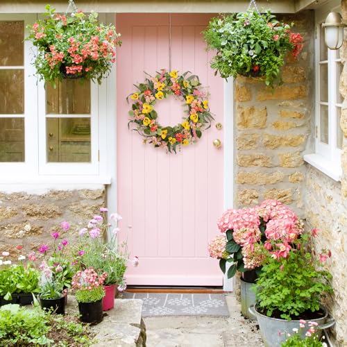 Artificial Spring Summer Wreath with Yellow Pansies, Lavender, Wildflowers & Eucalyptus Leaves - Handmade Floral Wreath for Front Door, Farmhouse, Indoor Outdoor & Home Decor - color: D