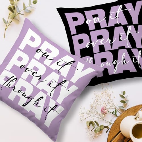 Purple And Black Christian Pray Decorative Throw Pillow Covers Set of 2,Bible Verse Pray on over through It Pillows Covers, Preppy Pillow CasesDecor for Prayer Room Couch Bedroom Dorm 18x18in - color: Purple Black