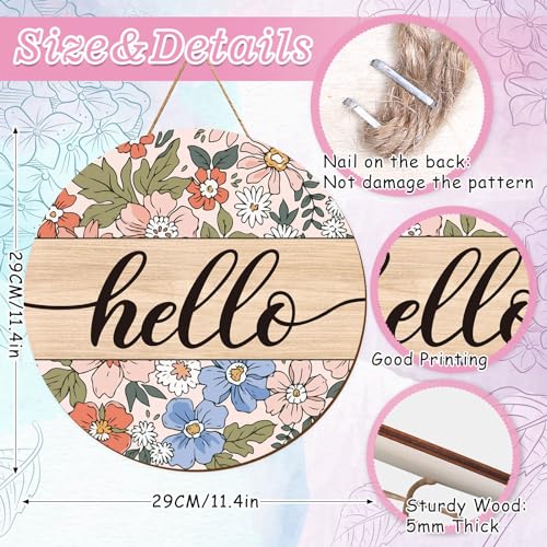 Whaline Vintage Hello Front Door Sign Boho Flower Welcome Wall Sign Colorful Floral Wooden Hanging Wreath for Spring Summer Holiday Indoor Outdoor Farmhouse Home Porch Window Decor - style: boho