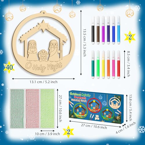 BeYumi Christmas Wooden Ornament Craft - 20Pcs Nativity DIY Wooden Ornaments Craft Kit for Kids Make Your Own Nativity Christian Religious Xmas Craft with Gem Sticker Church Party Decoration Supplies - style: Round