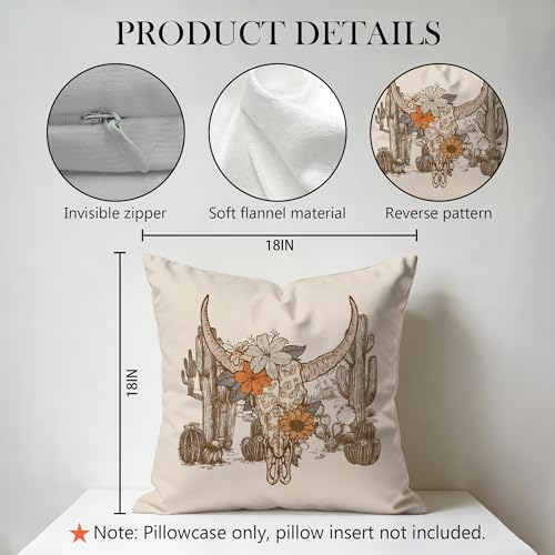 Boho Western Cow Skull Pillow Cover 18x18 Double-Sided, Western Home Decor, Vintage Southwest Leopard Bull Skull Decorative Pillowcase Throw Pillow Cover for Couch Bed - color: Color-3