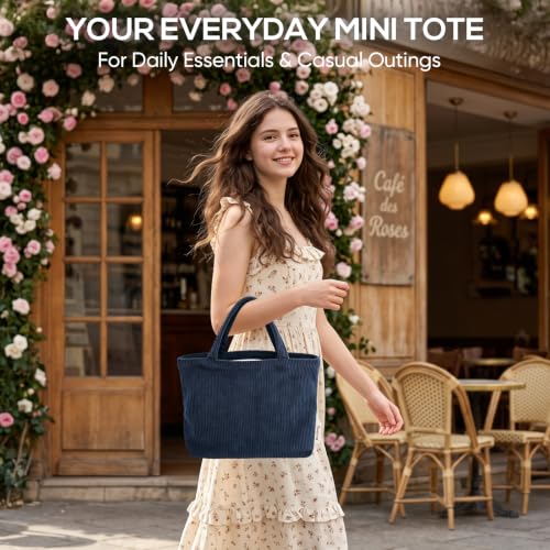 Sminra Small Bible Tote Bag for Women, Corduroy or Quilted Mini Tote Bag - color: Navy Blue