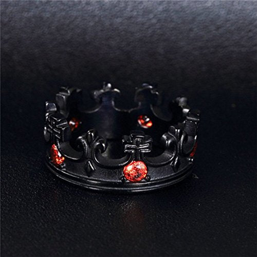 Mens Womens Stainless Steel Vintage Royal King Crown Ring Cross Band Ruby Black Gemstone - color: Black