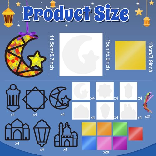 Cinrobiye 24 Set Ramadan Eid Suncatcher Craft Kit, DIY Glass Window Hanging Decoration, Eid Mubarak Ornaments for Classroom, Home, Mosque, Holiday Party Group Activities - style: Mubarak