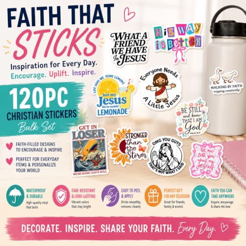 120PC Religious Christian Stickers Bulk Set Bible Verse Faith Jesus Spiritual Waterproof Decorative Sticker Pack for Water Bottle Journaling Scrapbook Laptop Notebook Planner Gifts for Men Women Adult - style: Christian