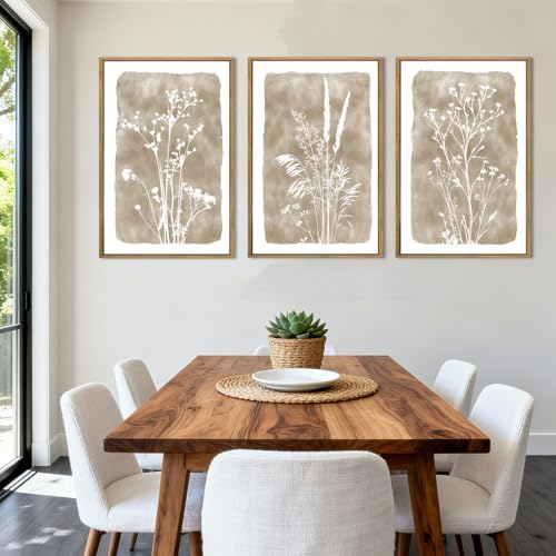 ANHUIB Beige Neutral Floral Canvas Wall Art 24x36 Inch Framed Brown Botanital Wall Decor Large Rustic Farmhouse Wildflower Artwork Boho Vintage Plant Art Prints Set of 3 for Living Room Bedroom Office - color: Beige Floral, size: 36"L x 24"W