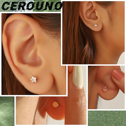 CEROUNO Flat Back Stud Earrings - 925 Sterling Silver Post Flatback Earrings Gold Silver Cubic Zirconia Earrings Studs for Women - color: Gold Star