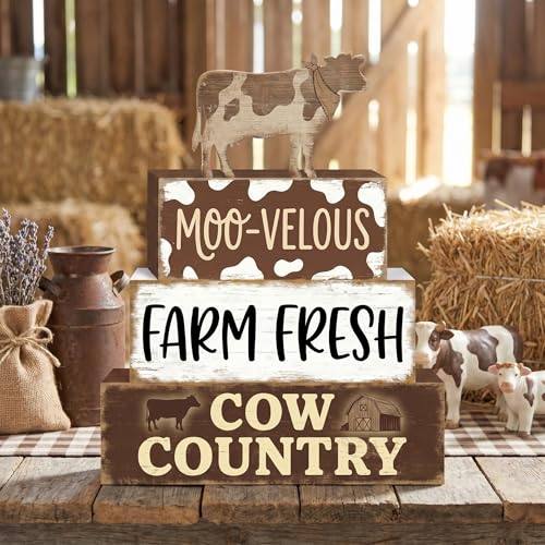 Britimes Tiered Tray Decor Set, 4 Pack, Wooden Table Sign, Cow Farmhouse - style: Brown Cow