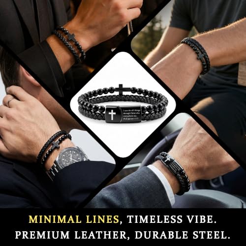 Mens Bracelet Christian Cross Braided Leather - color: B+black