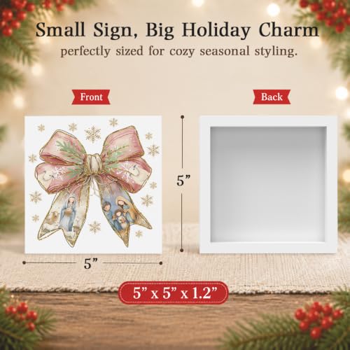 Pink Christmas Decor, Christian Christmas Decorations Indoor, Glitter Bow Nativity Scene Snowflake Sign Gift for Women Friends, Rustic Wooden Box Sign for Home Office Bedroom Desk Decor 5x5 Inches - color: Nativity Scene-1